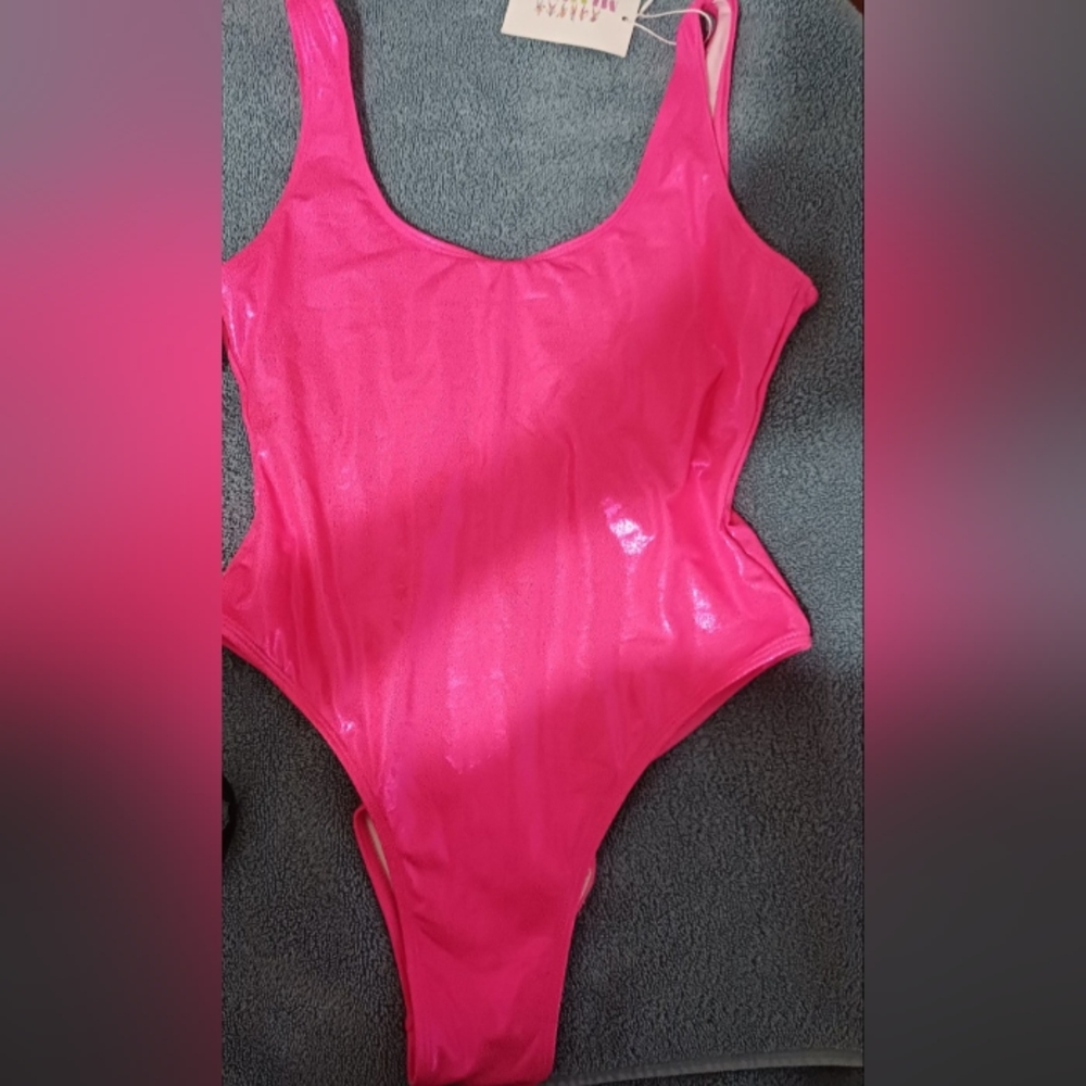 Hot pink metallic one piece swimsuit suit size s